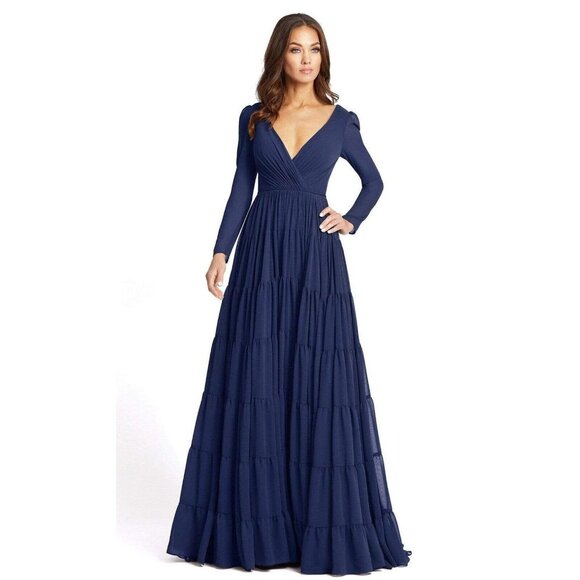 Mac Duggal Dress 55311 IEENA Maxi Gown Long Sleeve Blue Tiered - Picture 1 of 16